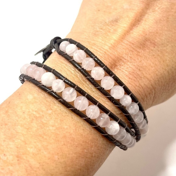 Artisan Jewelry - Genuine Leather and Rose Quartz Artisan Made Wrap Bracelet New